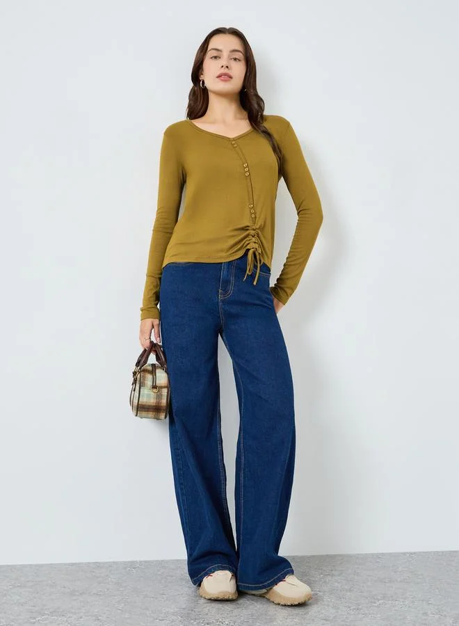 Styli Women Drawstring Buttoned Knit Top